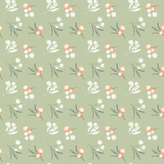 Floral seamless pattern with small berries and leaves painted in watercolors on olive green background. Cute pastel design, perfect for wallpapers, wrapping paper, fabric, home decor and more. 