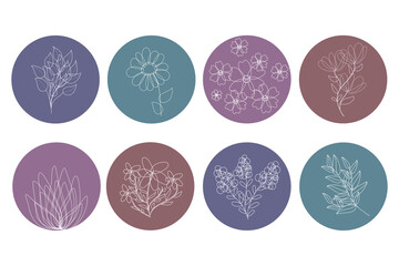Highlight covers for social media stories vector. Multicolored circles with flowers and leaves. Round floral botanical icons. Perfect for bloggers, brands, stickers, wending, design, decor