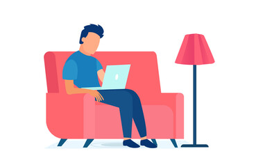 Vector of a young man sitting in armchair at home using laptop computer