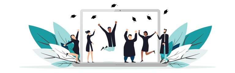 Virtual prom. Graduation quarantine. Graduates in square academic carriages communicate by video link. Laptop or gadget screen. Communication of graduate students. Vector illustration