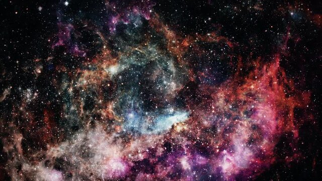 Abstract Outer Space Exploration Nebula sky with sparking gas cloud seamless loop background. 4K 3D camera flying through star field and spark plasma in deep space. Sci-Fi universe space flight.