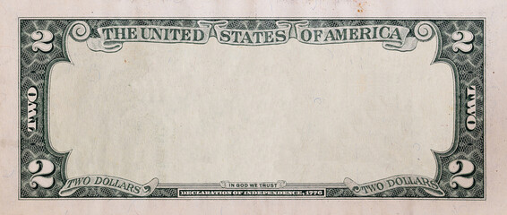 Reverse of 2 US dollar banknote with empty middle area - obrazy, fototapety, plakaty