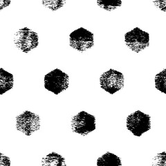 Seamless pattern of the hexagonal netting. Hand drawn geometry hexagon vector texture. Black and white abstract geometric background with imprints. Monochrome grunge retro pattern.