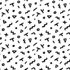 Geometric pattern memphis style background. Seamless abstract vector black pattern. Grunge straight brush stroke, triangles, circles, dots, fluid shapes, zigzag lines. Ink illustration in 80-90s style