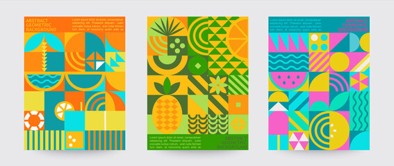 Geometric summer backgrounds with simple shapes and figures forming sunglasses,drink,orange,watermelon,pineapple,ice cream and other summer symbols.Posters,flyers,banners for covers,web,print.Vector. - obrazy, fototapety, plakaty