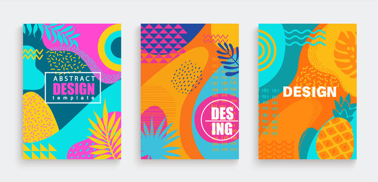 Abstract summer cards,banners,flyers with spotty pattern of geometric figures,line,wave,dot in trendy memphis style.Fluid shapes in summertime backgrounds.Template for design,sales,social media,web.