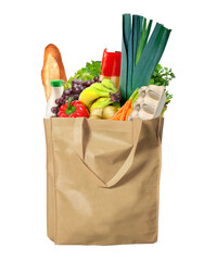 Eco friendly reusable shopping bag filled with bread, fruits and vegetables on a white background