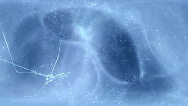 Glowing transparent flashing neuron cell in the brain animation on blurred blue copy space animation background.	