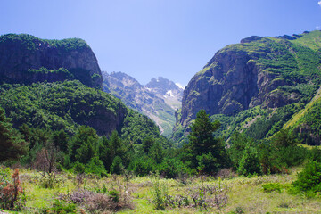 Mountain valley in the Cherek-Balkarsky river gorge in the vicinity of Ushtulu