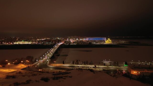 Night Nizhny Novgorod from a drone, bridges, stadium