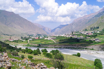 View from the mountain to the village of Verkhnyaya Balkaria and the Cherek valley