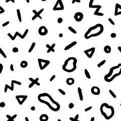 Geometric pattern memphis style background. Seamless abstract vector black pattern. Grunge straight brush stroke, triangles, circles, dots, fluid shapes, zigzag lines. Ink illustration in 80-90s style