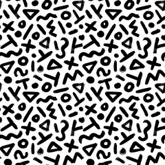 Geometric pattern memphis style background. Seamless abstract vector black pattern. Grunge straight brush stroke, triangles, circles, dots, fluid shapes, zigzag lines. Ink illustration in 80-90s style