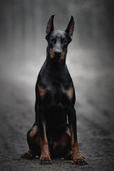 Fototapeta na wymiar portrait of a black doberman dog in fog grey nature road
