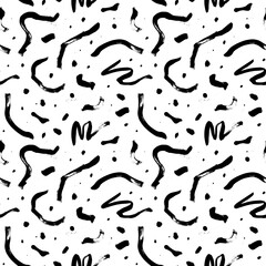 Curly waves hand drawn seamless pattern with dots. Ink brush grunge vector texture. Black wavy lines on white background. Paint brushstrokes freehand drawing. Abstract wrapping paper, textile design.