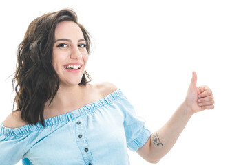 Happy woman with thumbs up, like concept, isolated on white background. Yes gesturing, sings of good work