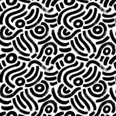 Organic irregular circular lines vector seamless pattern. Hand drawn black and white organic shapes and circles texture. Biological grunge squiggle lines, structure of natural cells. Dry brushstrokes.