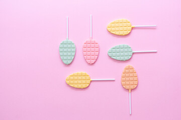 Minimalism concept of pops on pink backgraund. Space for text. Flat lay. 