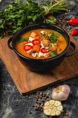 Autum creamy pumpkin soup on steal bowl with scattered ingredients on kitchen cutting board
