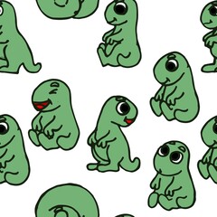 Obraz premium Cheerful funny dinosaur. Seamless dino illustration. Cartoon sketch style. Hand outline drawing of animal. vector