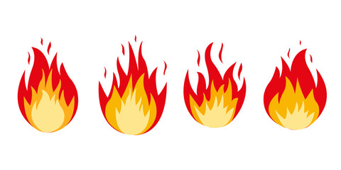 Cartoon set of flames set light effect for web, flat style game design. Isolated on white background. Vector