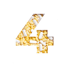 Number four made of pills and paper cut in shape of fourth numeral isolated on white. Typeface for...