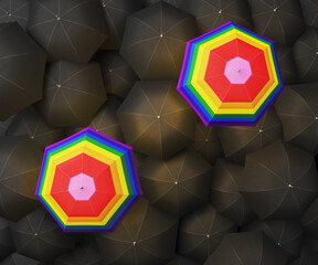 Conceptual image with many black umbrellas and a relationship with the lgbt community that stands out to be unique