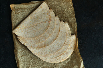 Top view of stacked tortillas lying on parchment against a black background. Flat lay