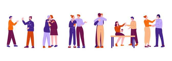 Set of vector illustrations of informal meeting of friends and colleagues. Mutual hugs, greetings. Flat style.