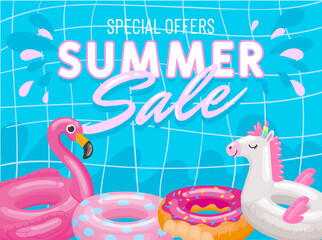Special offers summer sale banner poster, pink flamingo and unicorn