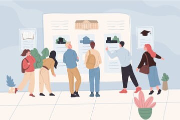 Vector cartoon flat student characters boys girls at institute,college bulletin board.Young people teenager students examine information about educational institutions on announcements billboard