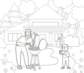 Coloring book:the father grills on the lawn near the house,the little son eats sausages,in the distance,the mother is stirring the salad.Vector illustration in cartoon style,black and white line art