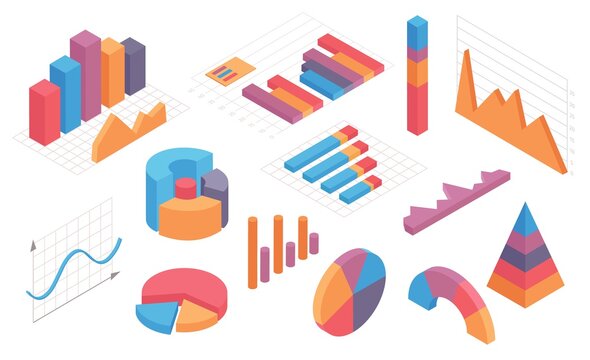 Isometric infographic charts. Graph, circle diagram, pie chart and columns with timeline. Business statistic and analytic element vector set