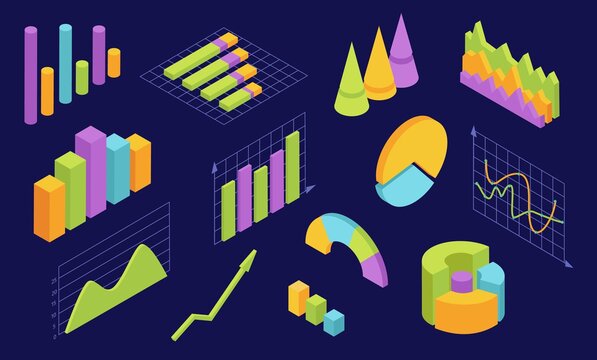 Isometric graphs. Statistic charts for business. 3d infographic diagram and graphic wave. Economy analysis web interface elements vector set