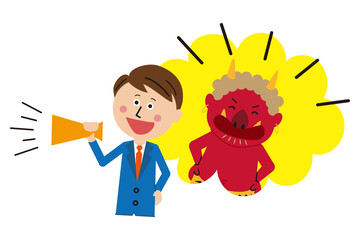 ポップな青いスーツのビジネスマン「明日の事を言えば鬼が笑う」