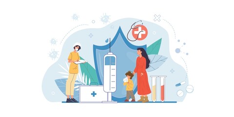 Vector cartoon flat doctor and patient characters prepare for anti virus vaccination-coronavirus infection disease prevention,covid vaccine protection method concept with medical devices symbols