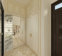 Classic walk in closet or Fitting Room Design with wardrobe clothes. Using Display Racks Cabinet and gold ornament. 