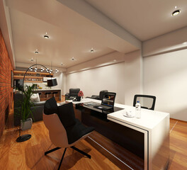 modern office room design with Computer desk cabinet and comfortable chair. Interior office in retro style, using parquet flooring and natural wall brick. 