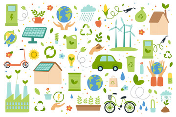 Set of eco friendly lifestyle, environment protection, alternative energy, care about nature. Green factory, preservation ecology. Flat Vector illustration in hand drawn style.