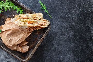 shawarma sandwich roll or burrito meat, vegetables doner kebab sauce tacos weekly meal lunch...