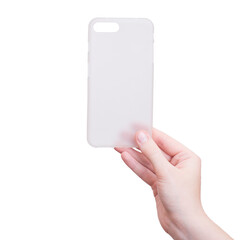 Clear frosted phone case mockup isolated on white background, silicone case in a female hand, holding smartphone cover in hand