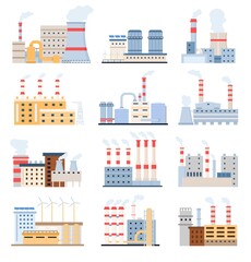 Factory buildings. Eco power plants with solar panels and windmill, chemical manufacturing and industrial complex. Flat factories vector set