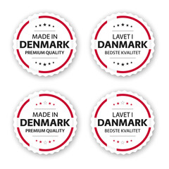 Set of four Danish labels. Made in Denmark In Danish Lavet i Danmark. Premium quality stickers and symbols with stars. Simple vector illustration isolated on white background