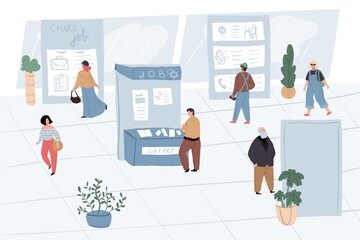 Vector cartoon flat work characters employee in search at job fair.People of different professions seeking for job at career expo-read,exam,analyzing work announcements at employers stands