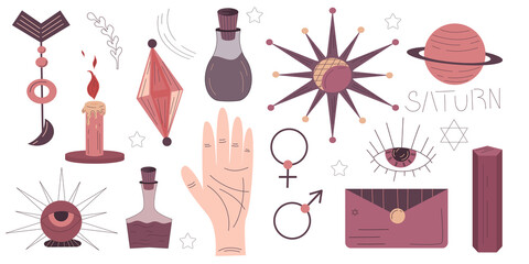 Boho set palmistry. Esoteric vector. Fashionable vector illustration in the style of flat line. A mystical drawing. Planet, crystal, hand, eye palmistry for design