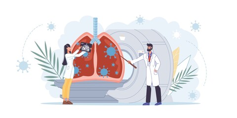 Vector cartoon flat doctor characters at work,physicians with medical devices in uniform lab coats study x-ray photo lungs-covid coronavirus disease treatment diagnostics therapy medical concept