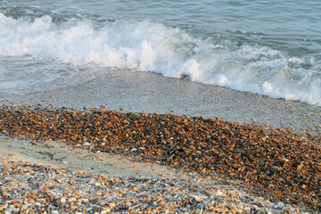 Ocean waves lapping on the sand and pebbles. 