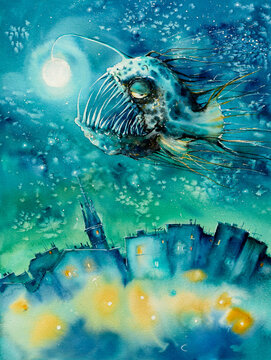 Watercolors illustration of frightening sea creature with numerous sharp canines, blind small eyes and lantern growing from its head swimming over the city.