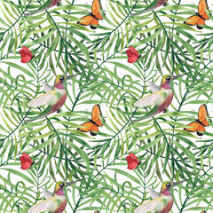 Watercolor seamless pattern hummingbird with butterfly. Hand painted tropical flowers. Heliconia. Tropical summer nature background .