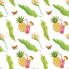 Watercolor seamless pattern pineapple. Hand painted tropical flowers. Heliconia. Tropical summer nature background butterfly.